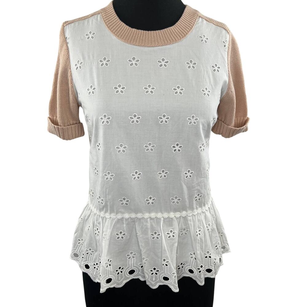 J.CREW Peach White Cotton Knit Eyelet Crochet Peplum Crew Short Sleeve Top XS